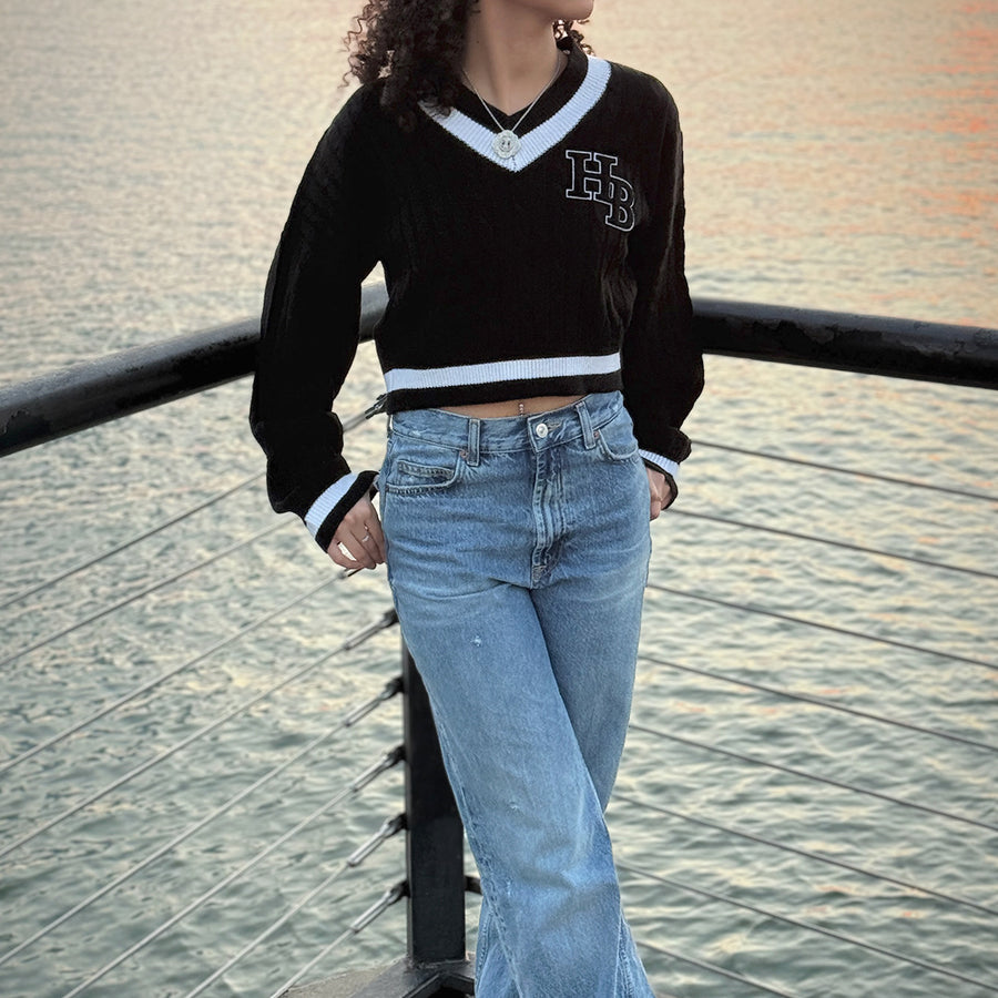 Cropped Varsity Sweater Black